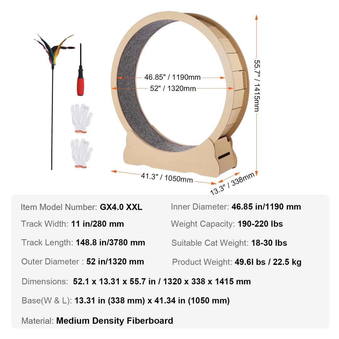 Indoor Cat Running Wheel with Detachable Carpet & Cat Teaser