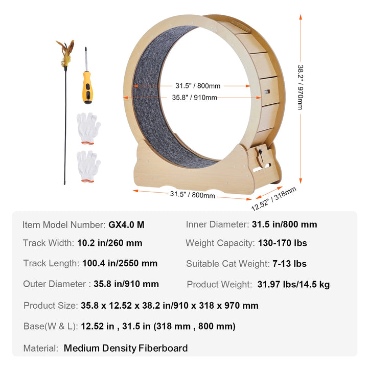 Indoor Cat Running Wheel with Detachable Carpet & Cat Teaser
