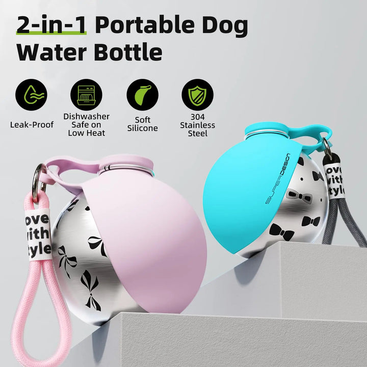 Dog Travel Water Bottle-Stainless Steel & Silicon - Leak-Proof & Compact
