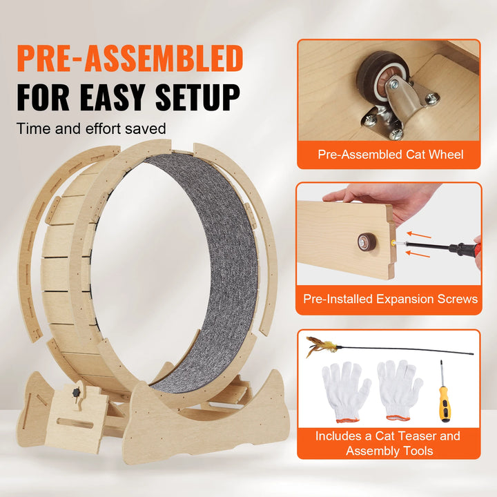 Indoor Cat Running Wheel with Detachable Carpet & Cat Teaser