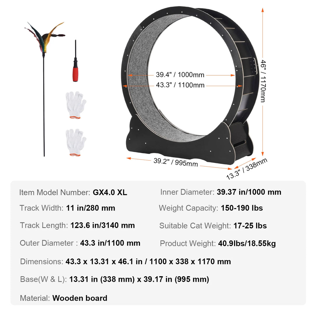Indoor Cat Running Wheel with Detachable Carpet & Cat Teaser