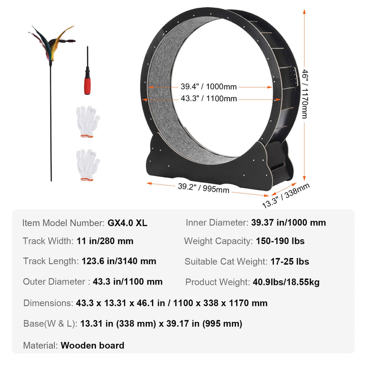 Indoor Cat Running Wheel with Detachable Carpet & Cat Teaser
