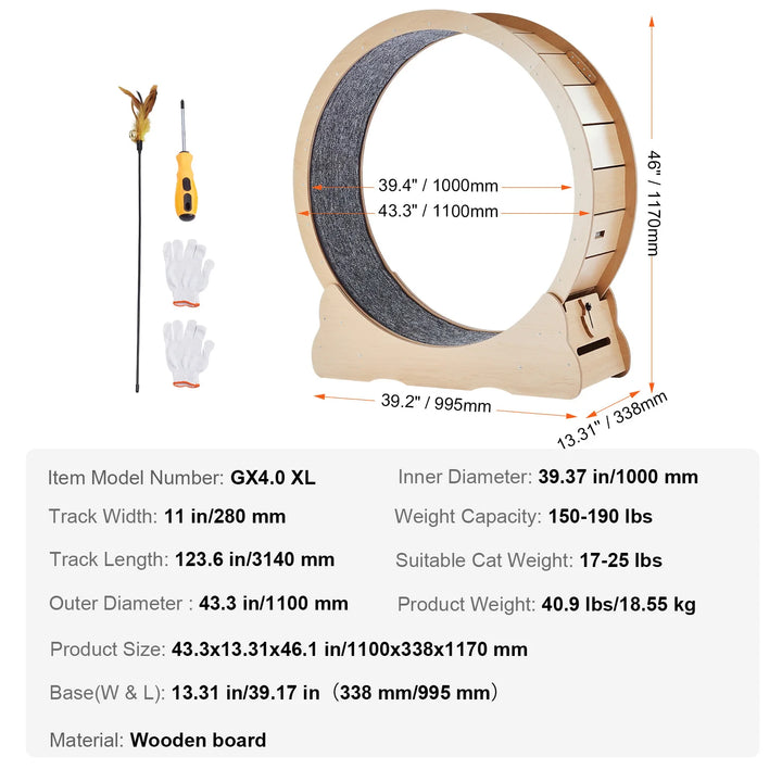 Indoor Cat Running Wheel with Detachable Carpet & Cat Teaser