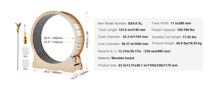 Indoor Cat Running Wheel with Detachable Carpet & Cat Teaser