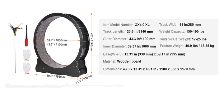 Indoor Cat Running Wheel with Detachable Carpet & Cat Teaser