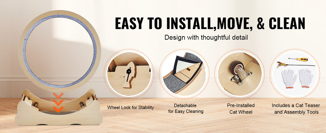Indoor Cat Running Wheel with Detachable Carpet & Cat Teaser